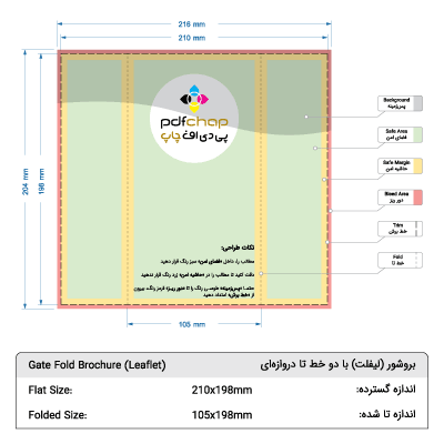 تصویر قالب طراحی بروشور اندازه گسترده 210x198mm و اندازه بسته 105x198mm