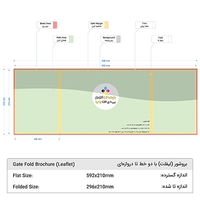 تصویر قالب طراحی بروشور اندازه گسترده 592x210mm و اندازه بسته 296x210mm